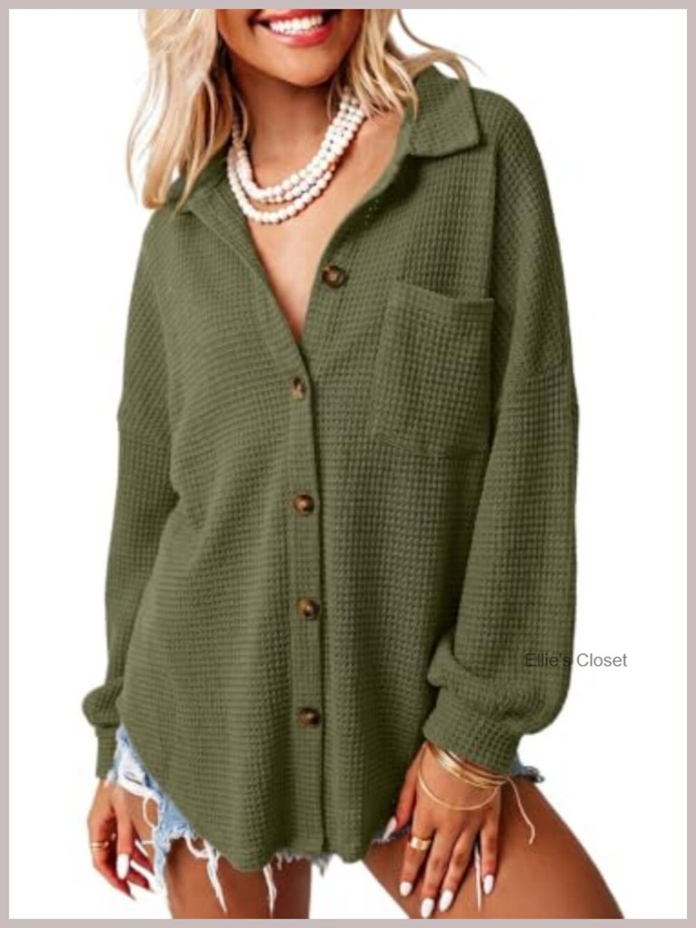 Womens Waffle Knit Shacket Jacket Casual Button Down Long Sleeve Shirt with